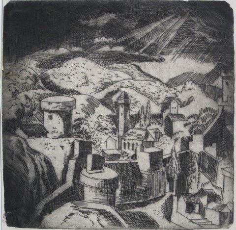 Jan Matulka etching: Jan Matulka- View of Czechoslovakian Hill Top- etching, signed in pencil, very small margins. 9 1/4 x 9 1/4''