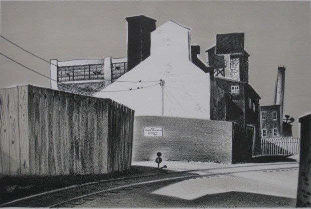 John Menihan lithograph: John Menihan- ''No Trespassing''- lithograph in 2 colors, 1943, signed and annotated 'To Ernest Fiene 1943' in pencil, very good condition. 8 7/8 x 13 1/2''