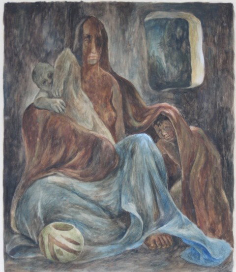 Guillermo Meza watercolor and gouache: Guillermo Meza- La Vrgen y el Nino- watercolor and gouache on paper, 1943, signed, dated and titled in pen- lower right, very good condition. 14 x 12''