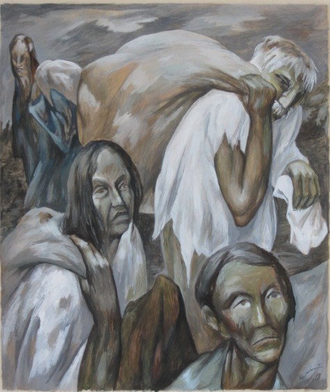 Guillermo Meza watercolor and gouache: Guillermo Meza- Figural Group- watercolor and gouache on paper, 1943, signed G. Meza 1943- lower right, very good condition. 14 x 12''