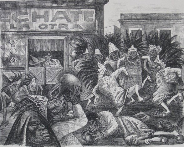 Jose Clemente Orozco lithograph: Jose Clemente Orozco- Pulqueria (Hopkins 11)- lithograph, 1928, signed in pencil, sandwiched. 12 3/4 x 16''