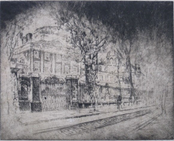 Joseph Pennell etching: Joseph Pennell- ''Pennsylvania Hospital'' (Wuerth 742)- etching, 1920, signed in pencil, edition of 50, some soiling and staining in margins. 8 x 9 7/8''