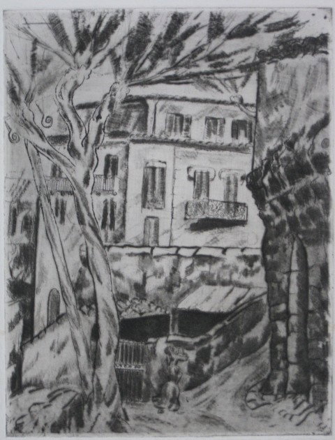 Caroline Speare Rohland etching: Caroline Speare Rohland- Old Town Idyll- etching, ca. 1930, signed and numbered 24/50 in pencil, lower plate line weak. 8 3/8 x 6 3/8''