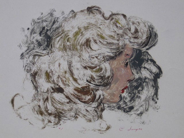 Clyde Singer monotype: Clyde Singer- Head of A Woman- monotype in color, ca. 1950, signed C. Singer- lower right. 7 1/2 x 9 1/4''