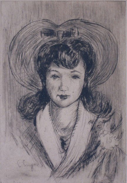 Clyde Singer etching: Clyde Singer- Girl in Big Hat- etching, 1942, signed titled and numbered 5 in pencil, very good condition. 5 x 3 1/2''