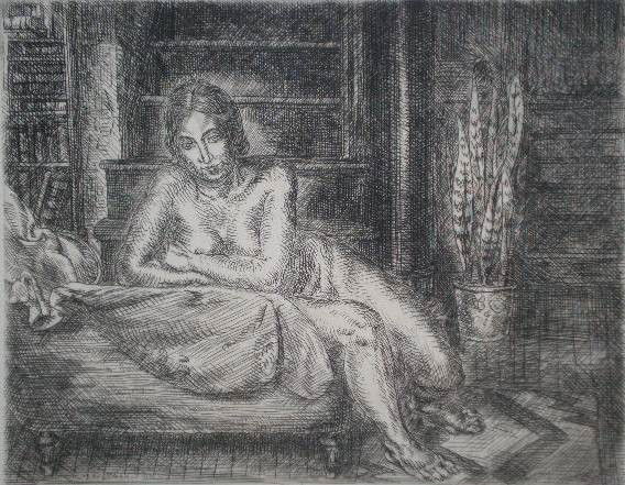 John Sloan etching: John Sloan- ''Nude Leaning Over Chaise Back'' (Morse 270)- etching, 1933, signed and annotated '100 proofs' in pencil, very good condition. 5 1/2 x 7''