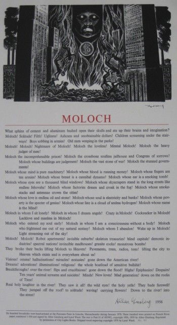 Lynd Ward wood engraving: Lynd Ward- Moloch- wood engraving, 1978, signed by Lynd Ward and Allen Ginsburg in pen, number 83 of an edition of 300 numbered. 22 x 12''