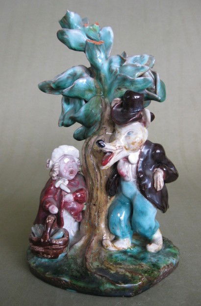 Dorothy S. Harkins ceramic sculpture: Dorothy S. Harkins- ''Little Red Riding Hood and Wolf''- ceramic sculpture, 1948, signed Harkins on bottom, loss to tree leaves. 8 3/4''h Exhibited: Cleveland Museum of Art 30th Annual May Show, Cleve