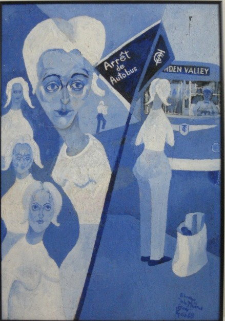 Beni Kosh oil: Beni Kosh- ''Bl ? a la Mildred''- oil on masonite, 1968, signed Beni Kosh 68 and titled lower right, estate stamped and numbered 318- verso, very good condition. 25 x 18''