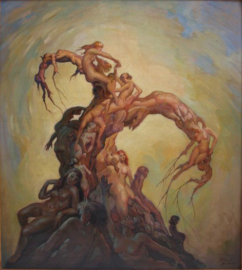 Richard Sedlon oil: Richard Sedlon- ''Tree of Life''- oil on panel, signed Richard Sedlon- lower right, frame hand-carved by the artist. 39 x 35''