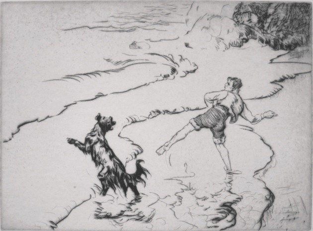 Edmund Blampied drypoint: Edmund Blampied- ''Fetch It'' (Appleby 57)- drypoint, 1920, signed in pencil, edition of 100, very good condition. 10 7/8 x 14 7/8''