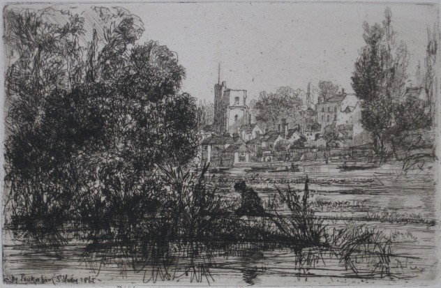 Francis S. Haden etching: Francis Seymour Haden- ''Twickenham'' (Schneiderman 98 III)- etching with drypoint, 1865, very good condition. 5 7/16 x 8 7/16''