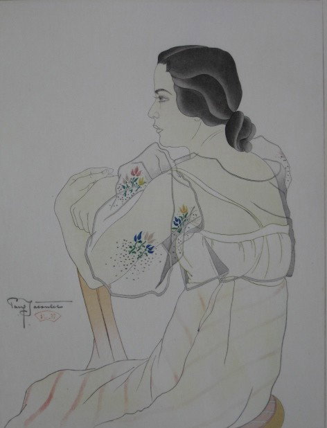 Paul Jacoulet woodblock in colors: Paul Jacoulet- ''Melle, Rita Sablan-Diaz Chamorro de Guam- Marianes'' (Miles 5)- woodblock in colors, 1934, signed in pencil, with fan seal in image, printed by Urushibara. 15 1/2 x 11 3/4''