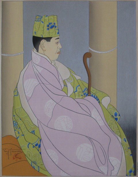 Paul Jacoulet woodblock in colors: Paul Jacoulet- ''Le pretre de Sendo-ji, Oiwake, Japan'' (Miles 137)- woodblock in colors, 1954, signed in pencil in image, numbered 44/350 verso, printed by Onodera, stamped with peony seal, paper age
