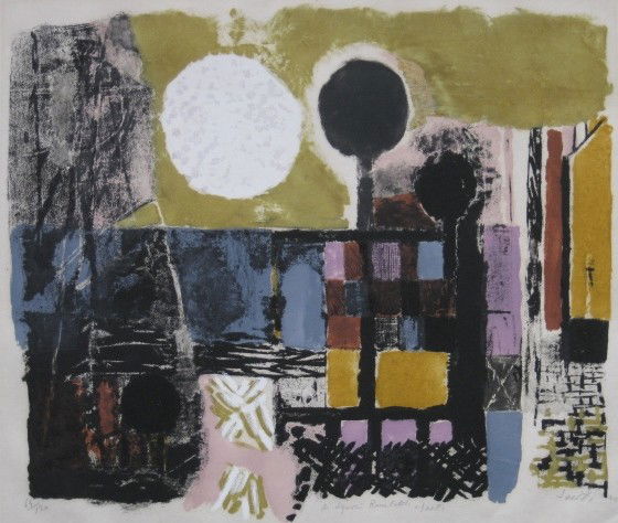 Bruno Saetti lithograph: Bruno Saetti- Untitled- lithograph in colors, 1960, signed, dated, numbered 64/100 and inscribed 'Si Liquori Ramboldi' in pencil, slightly light struck otherwise good condition. 17 x 20''