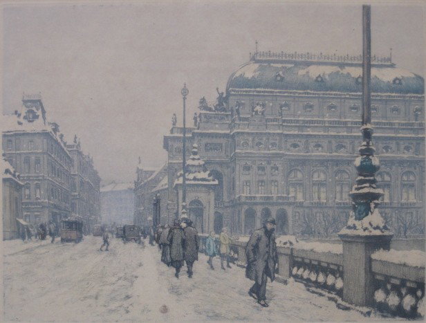 Tavik Simon etching in colors: Tavik F. Simon- ''National Theatre in Winter'' (Baker 201)- etching in colors, 1924, signed and numbered in pencil, laid down and light struck. 11 5/8 x 15 1/2''
