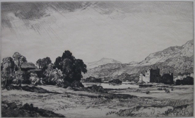 Leonard Squirrel drypoint: Leonard Squirrel- ''Kirchurn''- drypoint, 1930, signed in pencil, very faintly light struck, minor foxing in margins. 8 1/8 x 13 1/4''