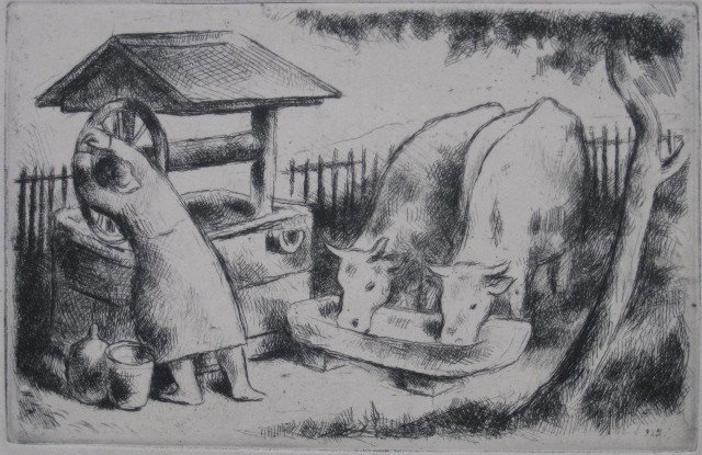 Istvan Szonyi etching: Istvan Szonyi- Woman at Well- etching and drypoint, ca. 1940's, signed in pencil, very good condition. 3 7/8 x 6 1/8''