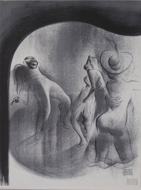 Al Hirschfeld lithograph: Al Hirschfeld- ''Boogie Woogie''- lithograph in two colors, 1941, signed in pencil, from the book ''Harlem as Seen By Hirschfeld'', very good condition. 12 x 9 1/4''