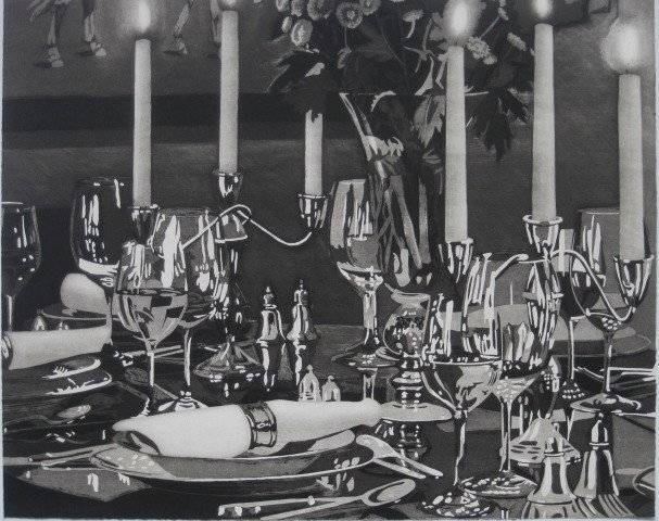 Julia Jacquette aquatint: Julia Jacquette- ''Dining Room with Horse Painting''- aquatint, 2008, signed, dated and numbered in pencil, edition of 250, stamp of Print Club of Cleveland verso (Lugt 2049b), the Print Club of Cleve