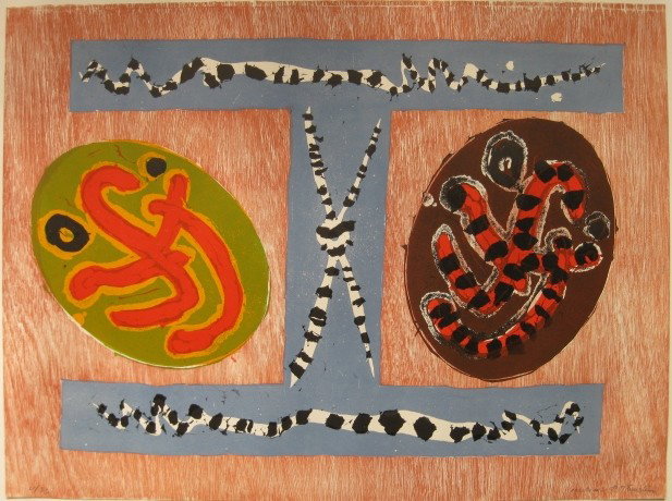 Michael Rothenstein woodcut: Michael Rothenstein- ''Two Ovals'' (Sidey 163)- woodcut and linocut in colors, 1967, signed and numbered 21/33 in pencil, published for the University Print Club, Cleveland, OH, very good condition. 2