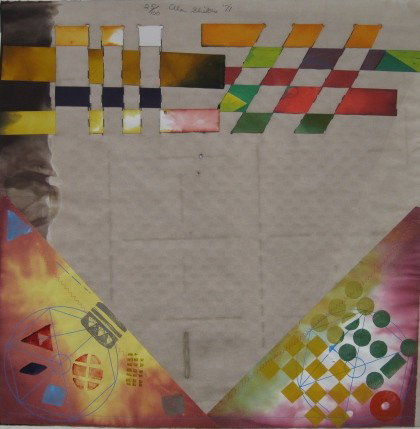 Allen Shields etching and collage: Allen Shields- Untitled- etching and aquatint in colors and collage, 1971, signed, dated and numbered 25/100 in pencil, very good condition. 26 x 26''