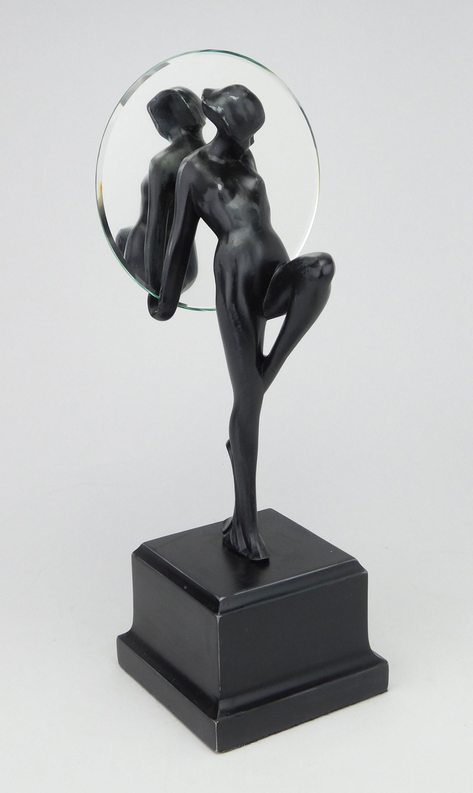 Frankart table mirror: Frankart table mirror, ca. 1920-30's, Art Deco nude female holding a beveled round mirror, has been repainted. 12 x 6''