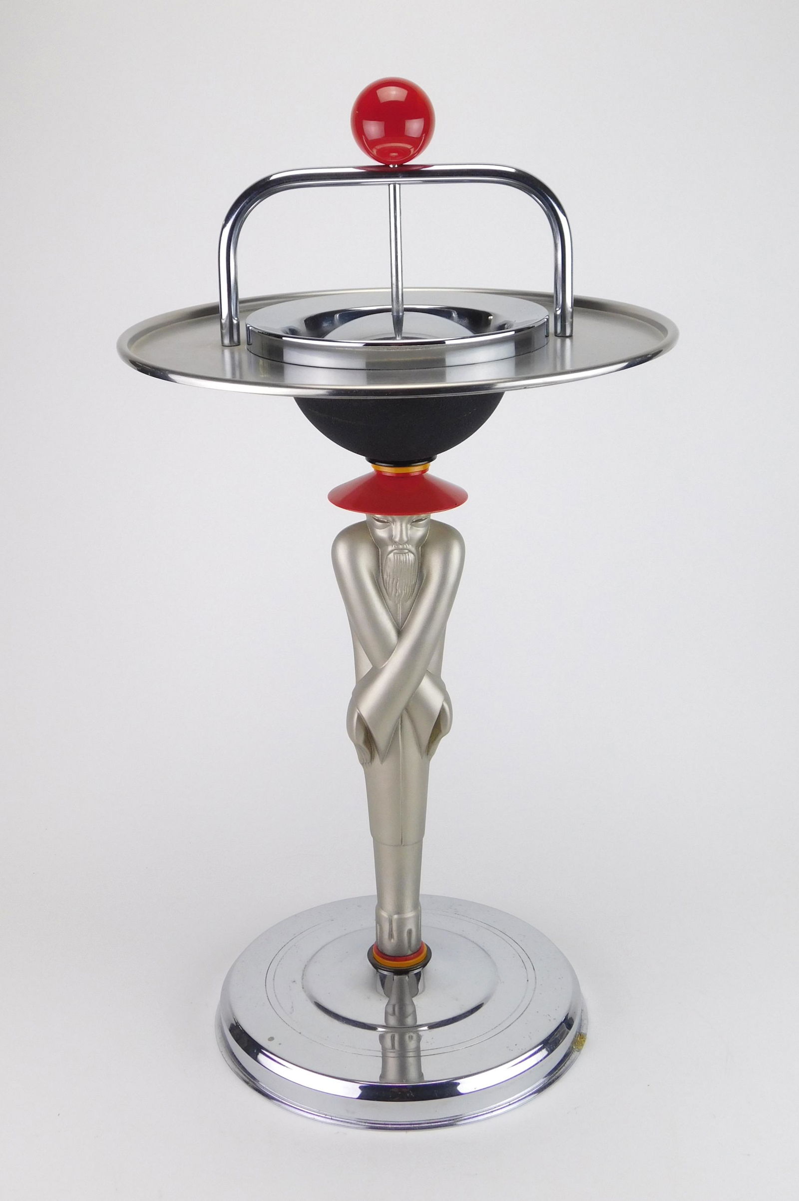 Colonial Premier Co. floor ashtray: Colonial Premier Co. 'Chinaman' floor ashtray, 1930-1940's, original chrome with red bakelite/catalin pull-knob and bakelite rings at bottom and top. 27''h