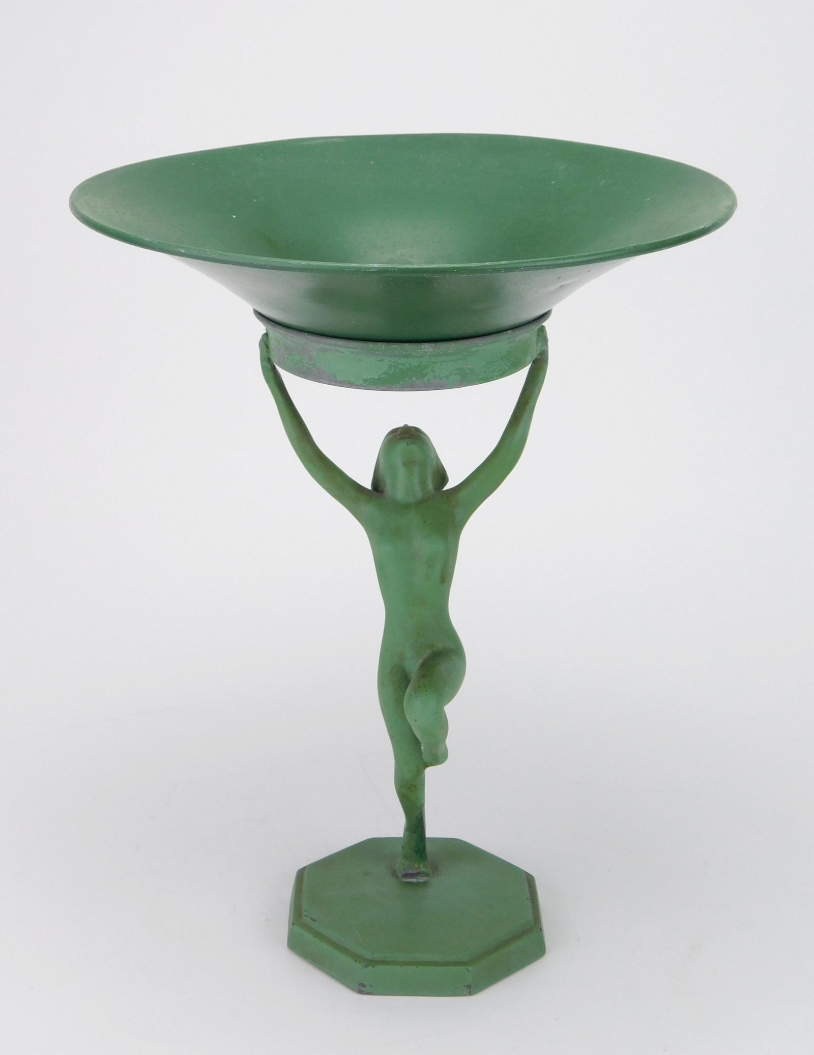Nuart candy dish: Nuart candy dish. ''Sunrise'' figure, model #K715, nude holds metal candy dish insert, in original green finish. 9 1/2''h