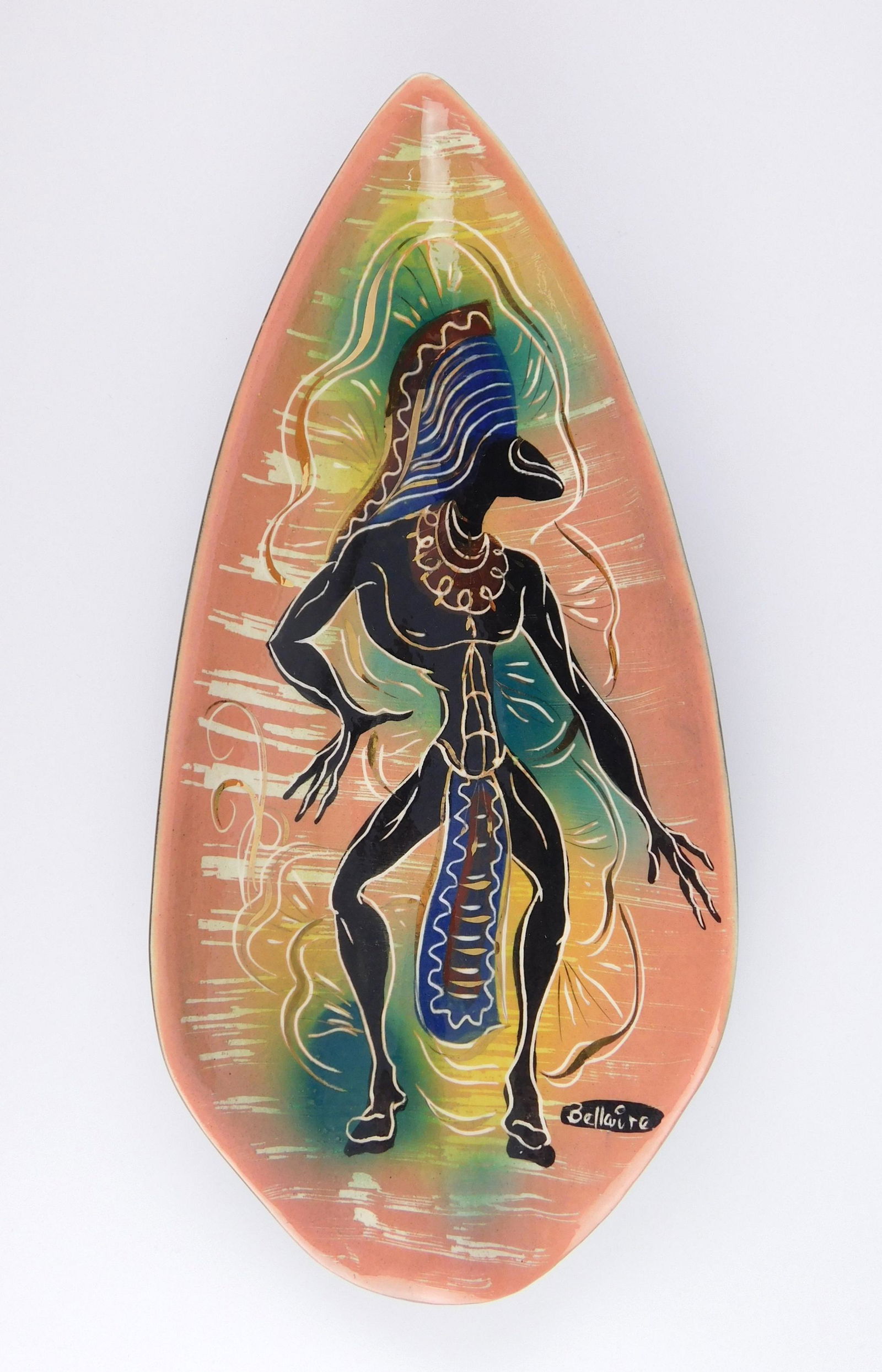 Marc Bellaire 'Jungle' ashtray: California pottery Marc Bellaire (1925-1994) ' Jungle' ashtray, depicting warriors, ca. 1940's. 1 1/2 x 5 1/2 x 12''