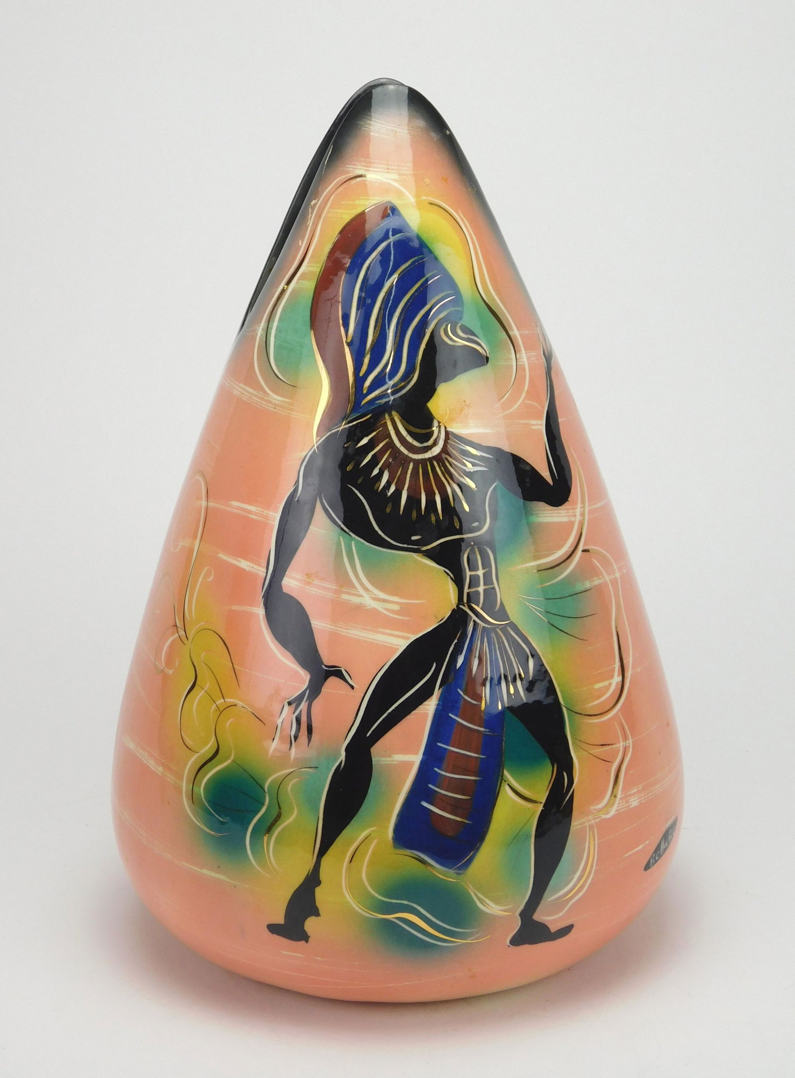 Marc Bellaire pottery vase: California pottery Marc Bellaire 'Jungle' Vase depicting a warrior, ca. 1940's. 12''h