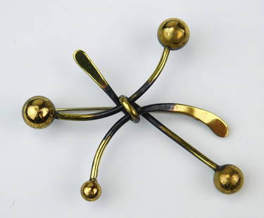 Art Smith brooch: Art Smith (1917-1982)- modernist brooch, 1950-60's, abstract and geometric design with classic ball ends and flattened brass ends for opposing design, original uncleaned finish. 3 x 2 1/2''