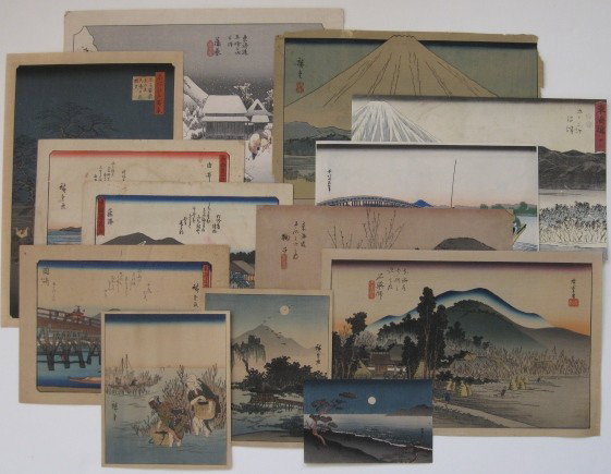 after Hiroshige and Hokusai 13 woodblocks: after Hiroshige Ando- Landscapes- assorted group of 12 woodblocks, some from 'Fifty-Three Stations of Tokaido'; together with a woodblock after Hokusai of Men on A Boat, various sizes.
