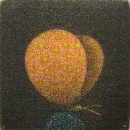 Yozo Hamaguchi mezzotint: Yozo Hamaguchi- ''Papillion Rouge''- mezzotint in colors, 1972, signed in pencil, edition of 268, The Print Club of Cleveland publication no. 51, very faded. 1 7/8 x 1 7/8''