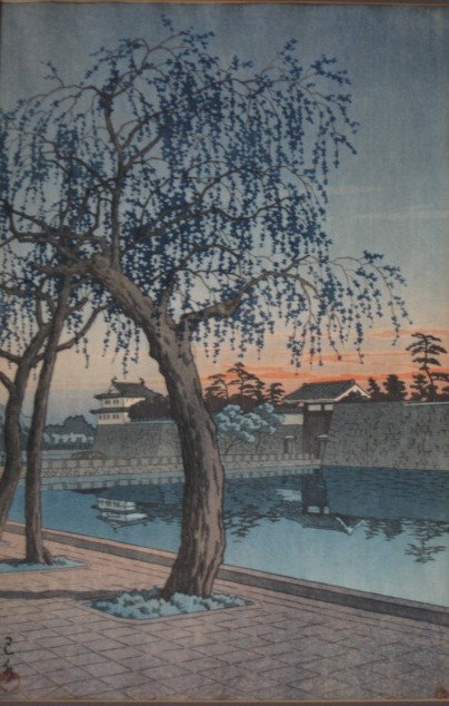 Kawase Hasui woodblock: Kawase Hasui- ''Springtime Evening, Ote Gate'' (Brown 573)- woodblock in colors, 1952, Hasui signature with Kawase seal, publisher: Watanabe Shozaburo (seal).