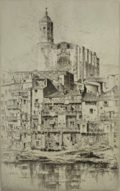 John Taylor Arms etching: John Taylor Arms- ''Gerona, Spain'' (Fletcher 164)- etching, 1925, signed and dated in pencil, Spanish Church series #5, edition of 152, very good condition. 12 1/4 x 7 3/4''