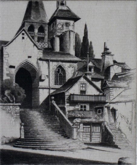 John Taylor Arms etching: John Taylor Arms- ''Estaing (Averyon)'' (Fletcher 409)- etching, 1947, proof printed by C. White, Miniature series #39, French church series #48, very good condition. 3 x 2 1/2''