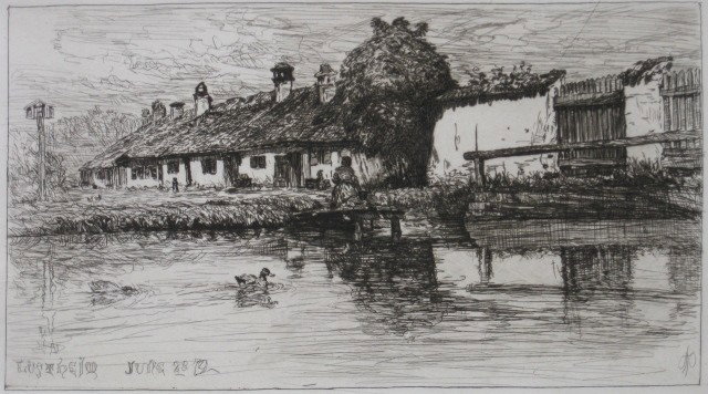 Otto Bacher etching: Otto Bacher- ''Lustheim''- etching on chine colle, 1879, very good condition. 6 x 10 7/8''