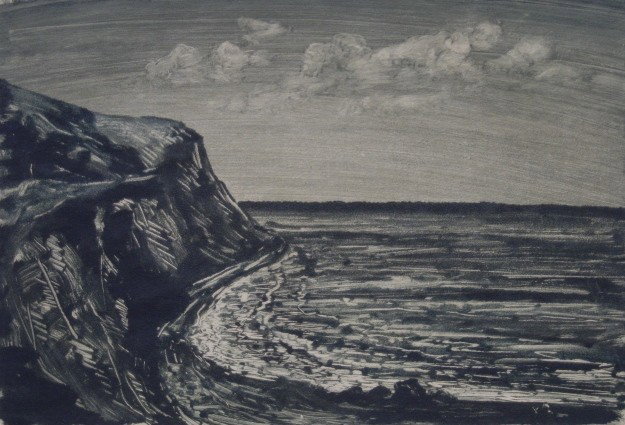 Xavier J. Barile monotype: Xavier J. Barile- ''Along the Pacific Shore''- monotype, signed, dated, titled and annotated 'monotype' in pen, very good condition. 8 7/8 x 12 7/8''