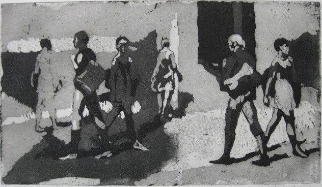 Isabel Bishop aquatint: Isabel Bishop- ''Students Walking''- aquatint, 1971, signed and numbered 85/100 in pencil, very good condition. 7 1/4 x 12 3/4''