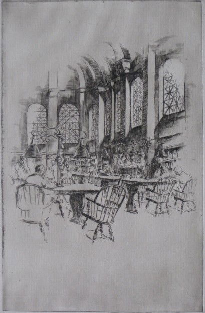 Alexander A. Blum etching: Alexander A. Blum- Bates Hall- etching, 1920, signed in pencil, slight mat burn otherwise very good condition. 12 x 7 3/4''