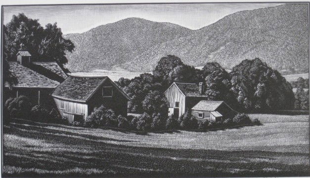 Asa Cheffetz wood engraving: Asa Cheffetz- ''Distant Haze'' (Springfield 60)- wood engraving, ca. 1941, signed and titled in pencil, very good condition. 4 5/8 x 8 1/8''