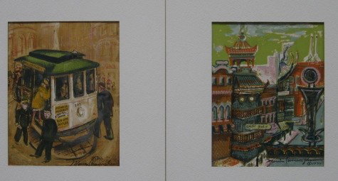 Marion Cunningham silk-screens (2): Marion Cunningham- San Francisco Scenes- 2 silk-screens in colors, 1944, both signed in pen in the image, edition s of 500 and 1000, some mat burn. 8 x 6'' ea.