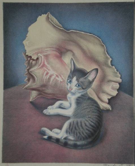 Maude Langtree 2 lithographs: Maude Langtree- Cat with Conch; Cat with Seashell- 2 lithographs in colors, ca. 1940, both signed in pencil, very good condition. 11 x 9''; 9 3/8 x 8''