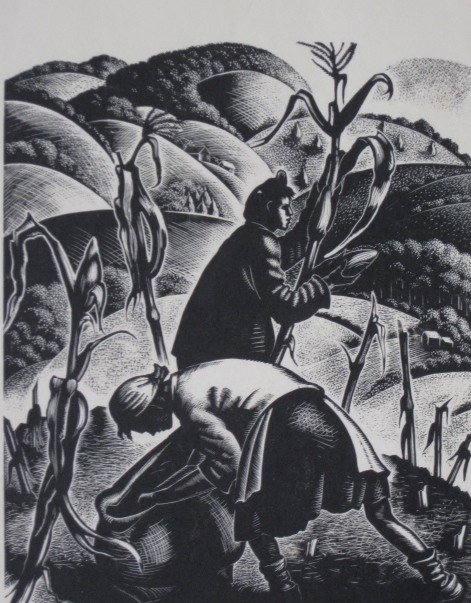Claire Leighton wood engraving: Claire Leighton- Corn Pulling- wood engraving, 1951-52, annotated 'Save and return to J. Swann', very good condition. 6 1/2 x 5 3/8''