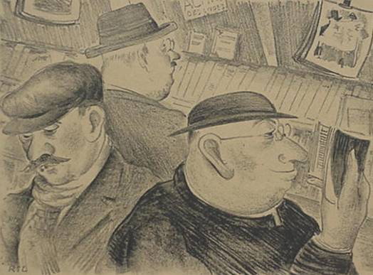 Russell Limbach lithograph: Russell Limbach- ''Bargain Hunters''- lithograph, ca. 1940, signed, titled and numbered 1/10 in pencil, heavily light struck. 6 x 8 1/2''