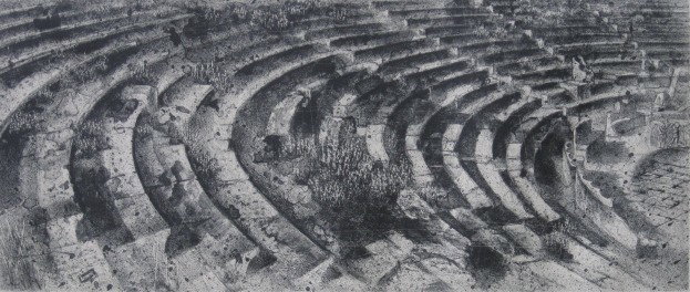 Louis Lozowick lithograph: Louis Lozowick- ''Thalia's Playground''- lithograph, 1960, signed in pencil, light struck and mat burn. 6 3/4 x 15 3/4''