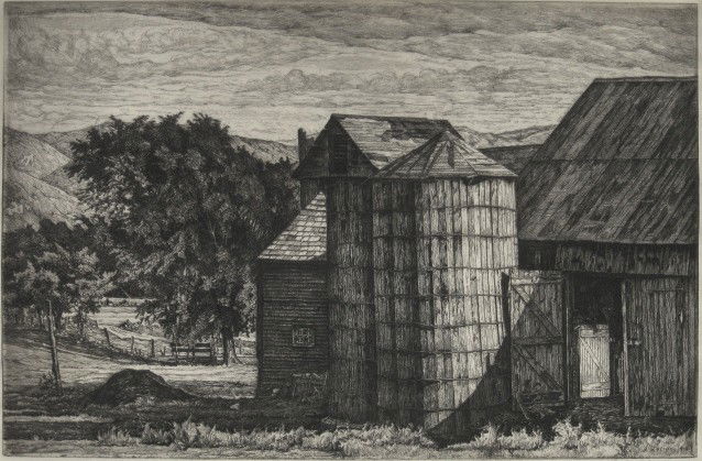 Luigi Lucioni etching: Luigi Lucioni- ''Late Shadows'' (Embury 91)- etching, 1944, signed in pencil, published by AAA in 1945 in an edition of 250, light struck, mat burn, cellophane tape stains in corners. 8 3/4 x 13 1/4''