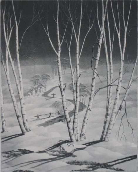 Samuel L. Margolies etching and aquatint: Samuel L. Margolise- Birch Trees in Snow- etching and aquatint, signed in pencil, very good condition. 12 1/4 x 9 7/8''