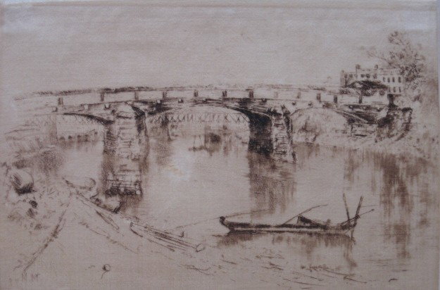 Mary Nimmo Moran etching and dry point on silk: Mary Nimmo Moran- Riverscape- etching and dry point on silk, 1879, signed in pencil. 5 3/4 x 8 3/4''